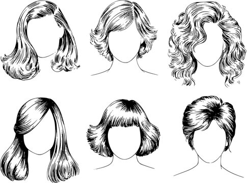 Una colecci&oacute;n de varios peinados de mujeres vintage ilustrados en l&iacute;nea blanca y negra para belleza