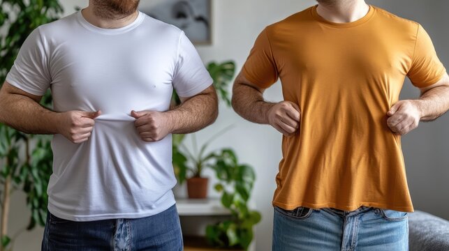 Men Displaying T-Shirts for Sizing and Material Quality in a Home Environment