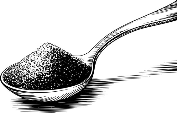 Una tinta detallada en blanco y negro de una cuchara de metal llena de un mont&oacute;n de az&uacute;car granulada o especia