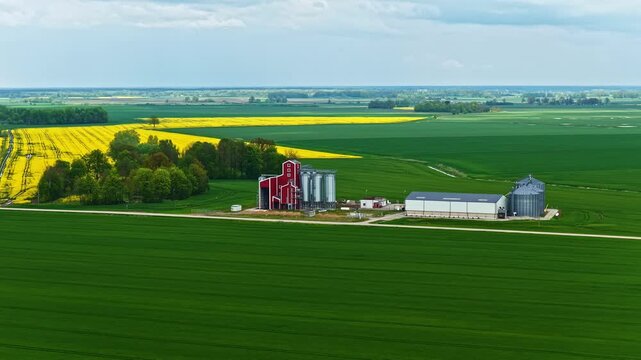 Aerial view of a farm complex with a red grain elevator and silos surrounded by vibrant green and yellow rapeseed fields in Riga, Latvia.