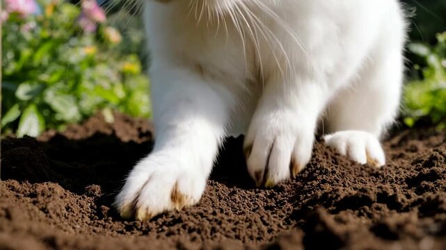 Close-up of white paws digging in dark garden soil. Animal scratching the ground outdoors. Nature and pet behavior concept