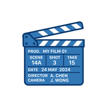 Blue film clapperboard icon for cinema and movie production