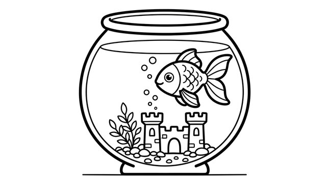 Black and white line art illustration of a small goldfish swimming inside a round glass fishbowl