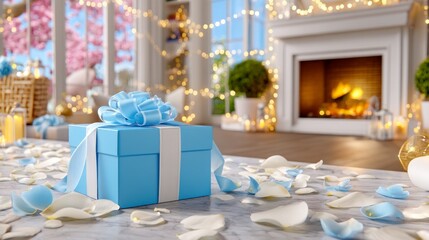 Obraz premium Blue gift box with ribbon surrounded by rose petals in cozy room