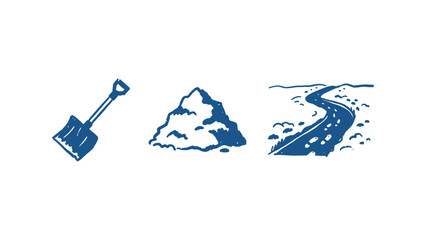 Blue hand drawn vector icons of a shovel pile of soil and winding road for construction and journey concepts © Iqbal