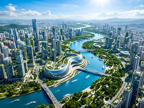 Aerial view of a modern city skyline with a winding river and lush green parkland areas