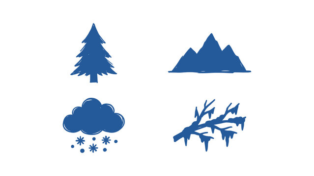 Blue hand drawn winter icons set featuring pine tree mountain peaks snowy cloud and frozen branch with icicles vector illustration