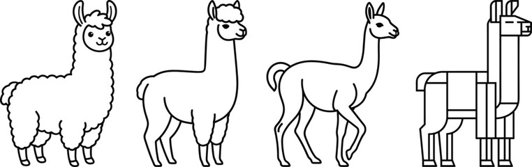 Cute Llama and Alpaca Animal Collection in Various Graphic Styles Vector Line Art © MstBabli