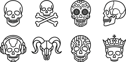 Fototapeta premium Human Skull and Crossbones Line Icon Set for Halloween Graphics, Gaming Interfaces, and Rock Merchandise Branding