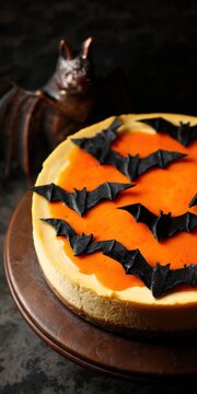 Halloween cheesecake with orange topping and bat decorations