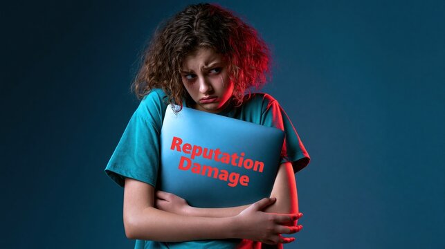 Scared young woman clutching laptop showing reputation damage text