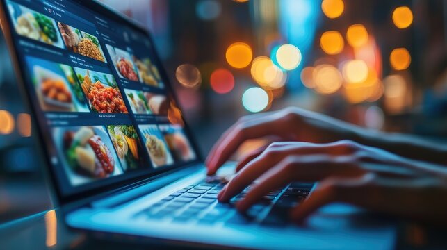 Scrolling culinary inspirations online laptop screen showcases diverse meal selections