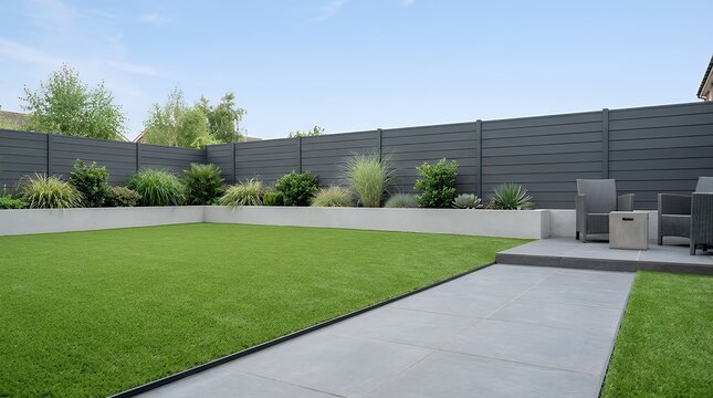 A modern landscaped garden featuring a pristine artificial lawn alongside contrasting grey ceramic paving slabs creating a clean and low-maintenance outdoor living space with no people present.
