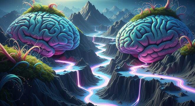 Surreal Landscape with Giant Pixelated Brains and Glowing Rivers