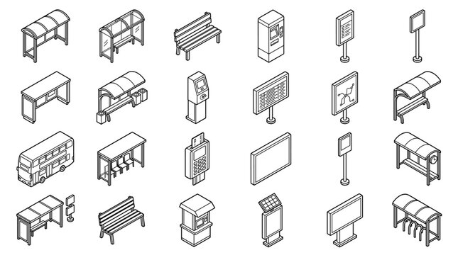 Isometric Bus Stop and Public Transport Infrastructure Icons