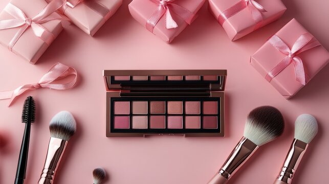 Sophisticated feminine arrangement featuring makeup palette and elegant gift boxes against a blush