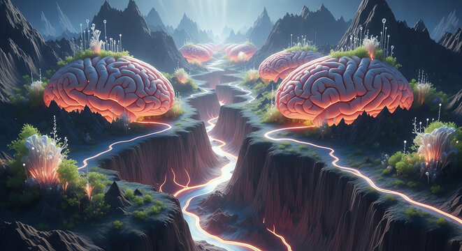 Surreal Brain Landscape with Glowing River and Mountains