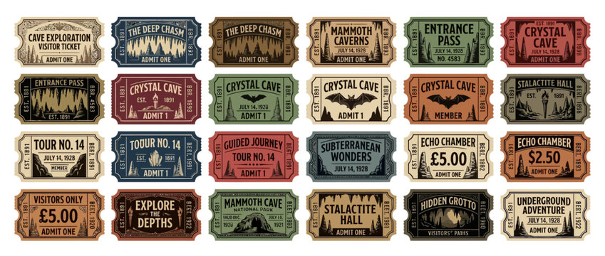 Vintage Cave Adventure Tickets Set - Underground Exploration, Mammoth Caverns, Crystal Cave