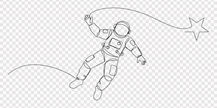 Astronaut logo one continuous line drawing Vector transparent background, Hand drawing one single continuous line of astronaut flying, science theme isolated, Astronaut catching star logo. Continuous.