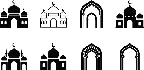 Islamic Mosque and Arabic Arch Silhouette Icon Set for Ramadan and Eid Celebrations © MstBabli