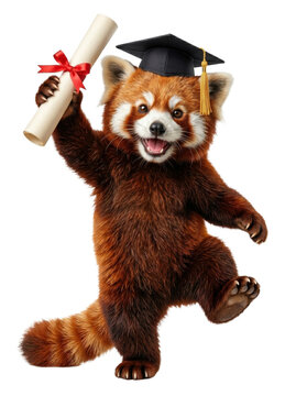 Red panda wearing a graduation cap holding a diploma isolated on transparent background.