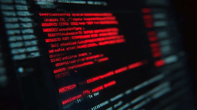 Close up view of a computer screen displaying red text on a dark terminal interface