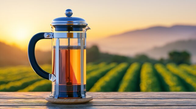 French press coffee maker with hot brewed tea on wooden table at sunrise