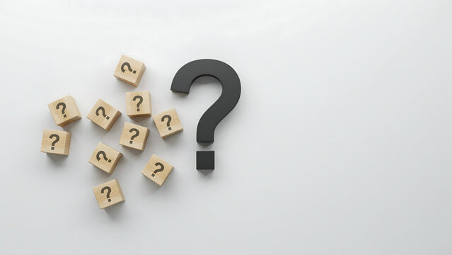 Large black question mark symbol with multiple small wooden blocks featuring question mark icons on a neutral grey background question solution uncertainty background strategy decision business