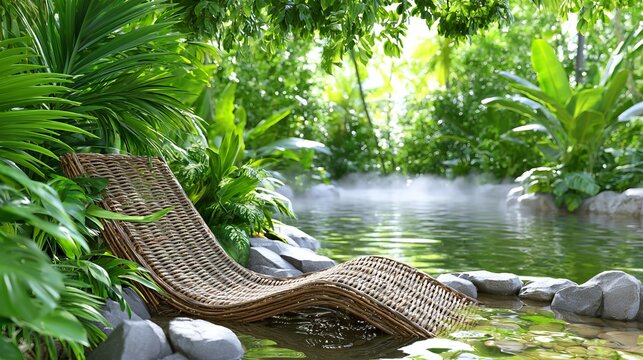 Relaxing lounge chair by calm water surrounded by lush green tropical plants