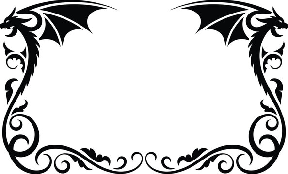 Intricate gothic style dragon silhouette decorative frame border with silhouette creature decorative mythical ornament illustration isolated template invitation background creative