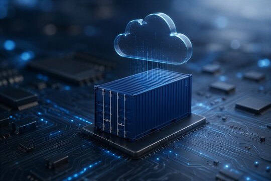 Shipping container sitting on computer circuit board representing cloud computing storage