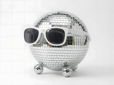 Disco ball with sunglasses isolated on white background