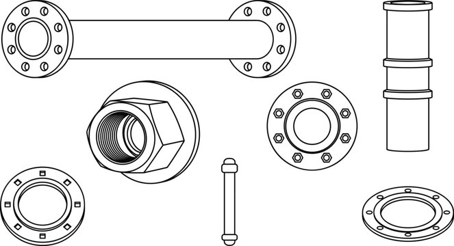 Industrial Pipeline Flange and Plumbing Metal Pipe Fitting Component Vector Line Art Designs