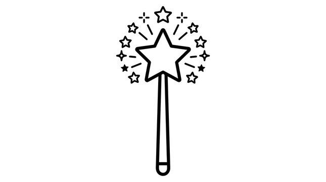 A simple black and white line art illustration of a magical wand with sparkling star effects