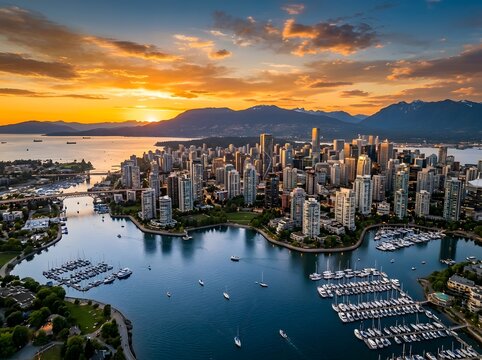 Aerial view of vancouver city skyline and coal harbour at sunset with mountains in the background
