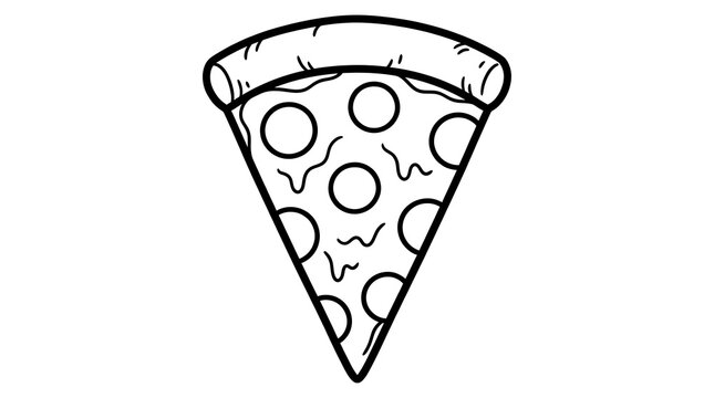 Black and white line art illustration of a single slice of pepperoni pizza on a white background