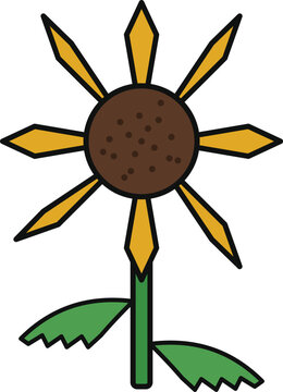 Flat vector icon of a double-layered blossom with four large teal outer petals and four smaller mint inner petals, soft highlights, thin brown stem, and two elongated pointed leaves. Isolated on white