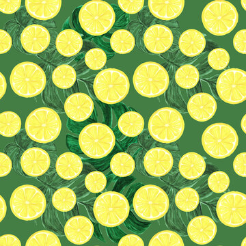 Watercolor seamless pattern of hand-drawn lemons on green background.