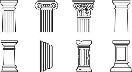 Fototapeta premium Ancient Greek Column and Architectural Pillar Line Icon Set for History Museum Branding, Law Firm Logos, and Blueprints
