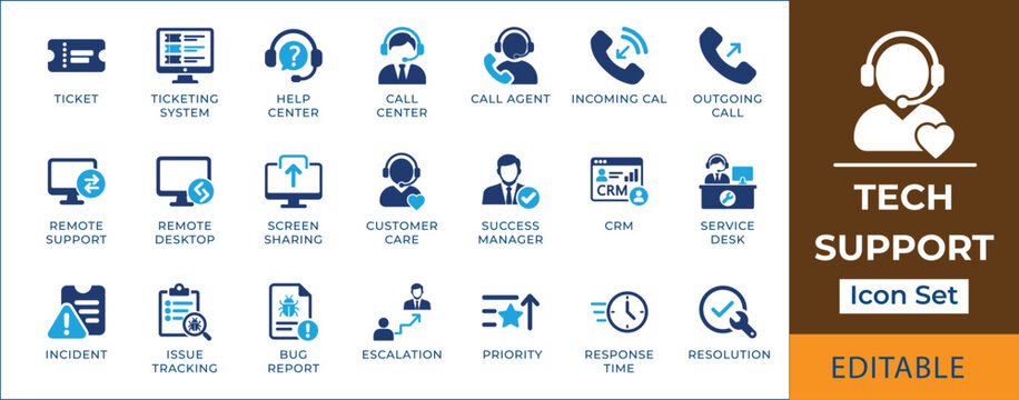 Tech support icon set. Featuring helpdesk ticket, customer care, call center agent, and bug tracking. Vector icons for service brochure and IT portal app.