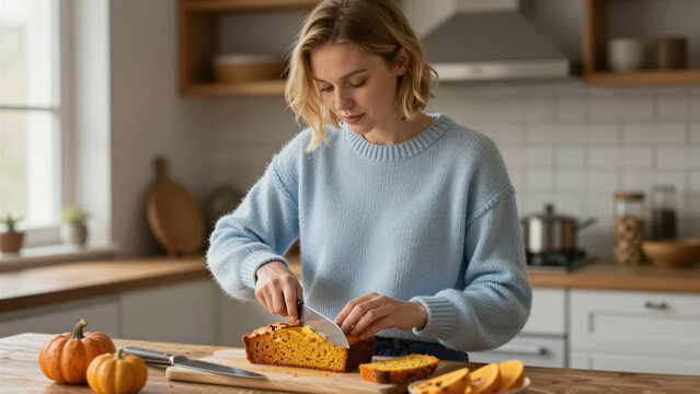 A young woman carefully slices freshly baked homemade pumpkin bread on a wooden cutting board in her kitchen. This cozy scene evokes autumn and healthy eating