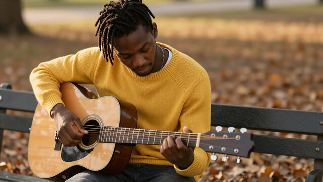 A young Black man with dreadlocks plays an acoustic guitar outdoors in a sunny park during autumn. This musician enjoys a relaxed moment, showcasing talent and a creative lifestyle