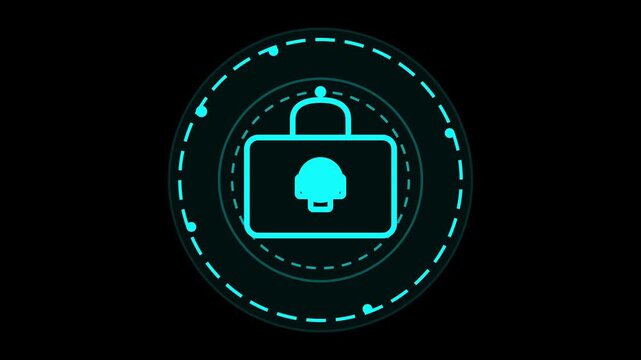 Futuristic digital security icon displaying a glowing cyan briefcase with mushroom symbol inside circular HUD interface on black background