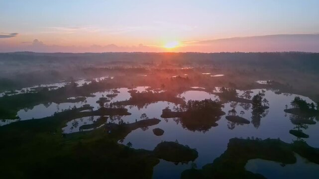 Aerial view of misty bog landscape with small pools of water reflecting the golden sunrise light in Latvia.
