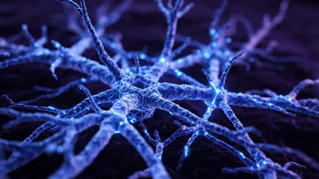 Macro shot of organic blue and purple neural dendrites slowly extending and forming intricate geometric network connections on a dark background
