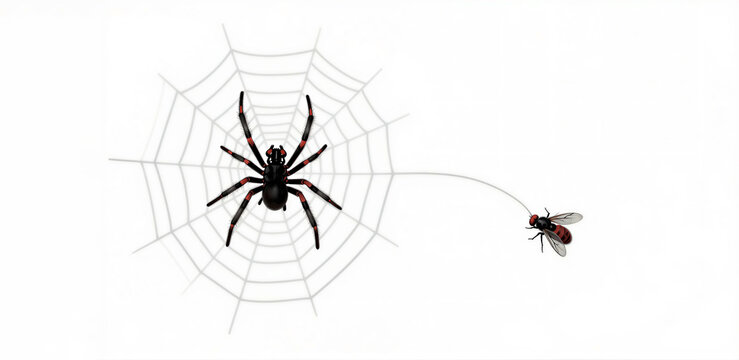 Detailed illustration of a black and red spider on a silk web catching a fly. Minimalist predator and prey graphic isolated on white with copy space