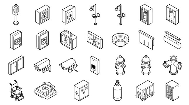 Isometric Safety and Emergency Equipment Icon Set