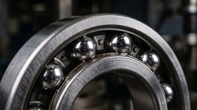 Close up industrial mechanical steel ball bearing detail for heavy machinery engineering applications and motion friction reduction technology