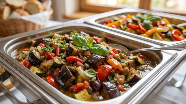 Vegetable ratatouille in a stainless steel buffet chafing dish