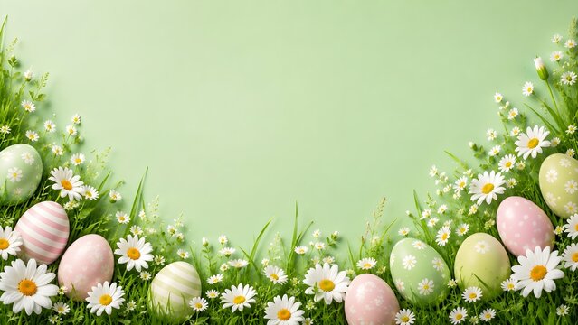 Easter Border Background with Green Grass Daisies and Mint Eggs Banner